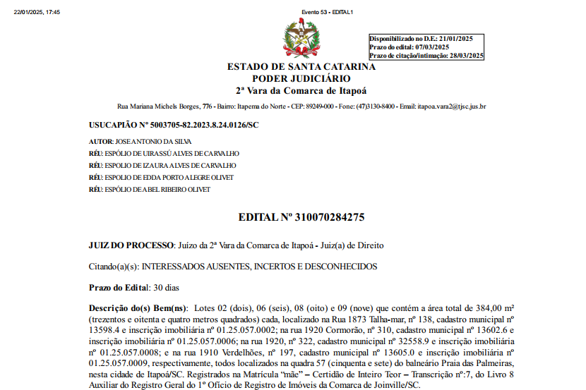Edital - José Antonio da Silva - Capa Tribuna de Itapoa