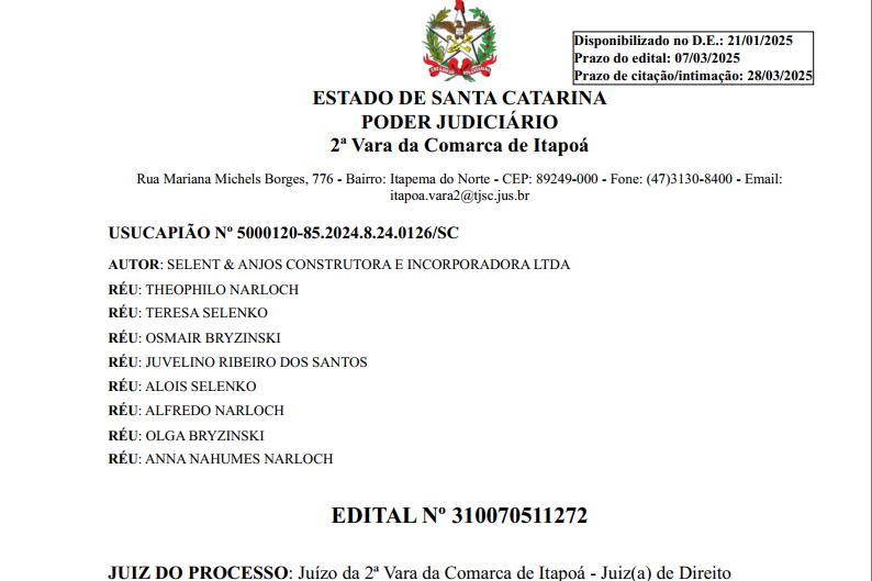 Edital Selent e Anjos Construtora e Incorporadora LTDA - Capa Tribuna de Itapoá