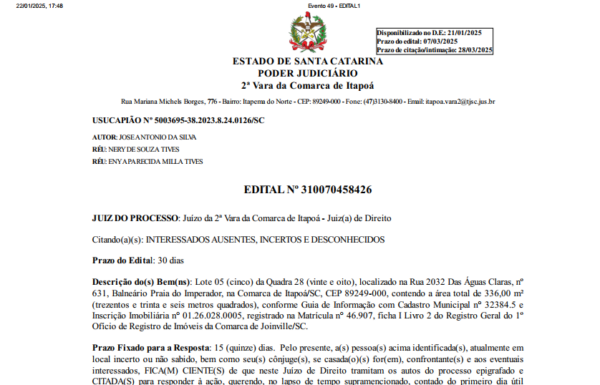 Edital Usucapiao Jose Antonio da Silva - 12-02-2025 - Capa Tribuna de Itapoa