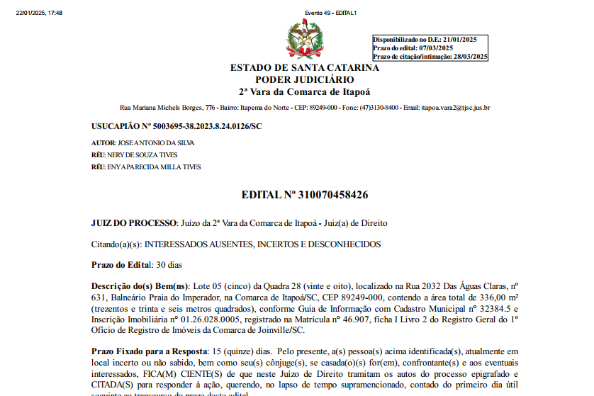 Edital Usucapiao Jose Antonio da Silva - 12-02-2025 - Capa Tribuna de Itapoa
