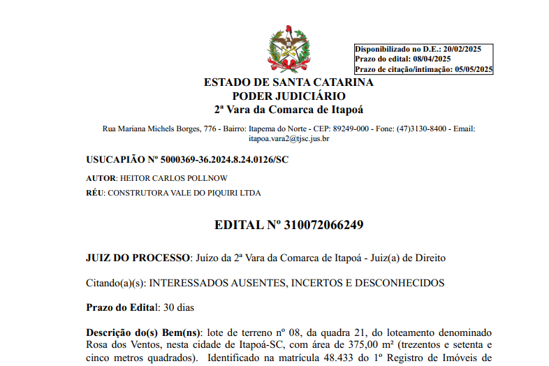 Edital HEITOR CARLOS POLLNOW - Capa Tribuna de Itapoá - 08-03-2025