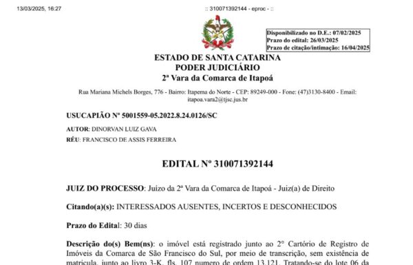 Edital de Dinorvan Luiz Gava - 18-03-2025 - Tribuna de Itapoa - Capa