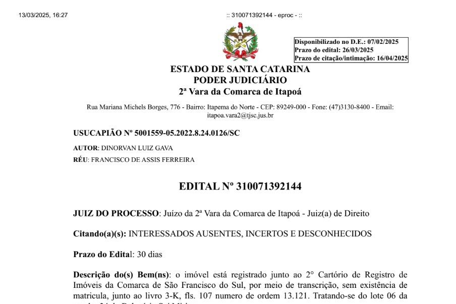 Edital de Dinorvan Luiz Gava - 18-03-2025 - Tribuna de Itapoa - Capa