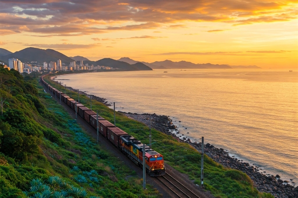 Imagem ilustrativa ferrovia Itapoa criada por IA - capa Tribuna de Itapoa