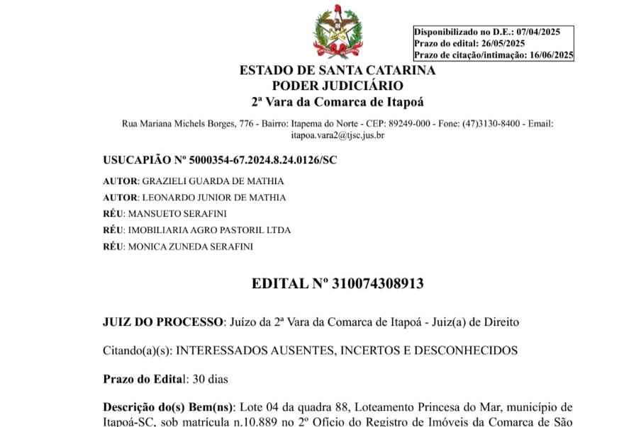Edital de Grazieli Guarda de Mathia - 29-04-2025 - Capa Tribuna de Itapoa
