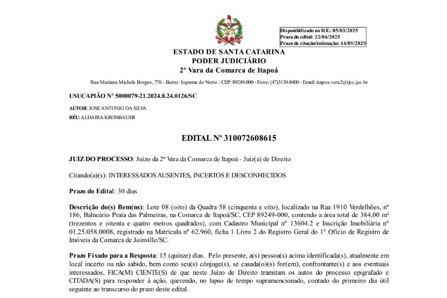 Edital de Jose Antonio da Silva - 08-04-2025 - Capa Tribuna de Itapoa