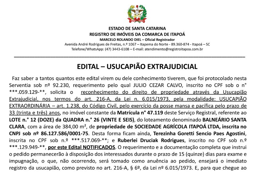 Edital de Julio Cezar Calvo - 09-04-2025 - Tribuna de Itapoa