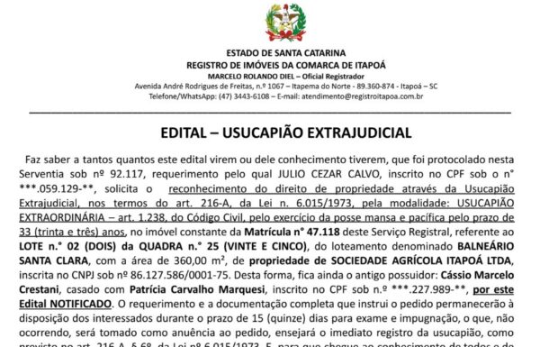 Edital de Julio Cezar Calvo 2 - 09-04-2025 - Capa Tribuna de Itapoa