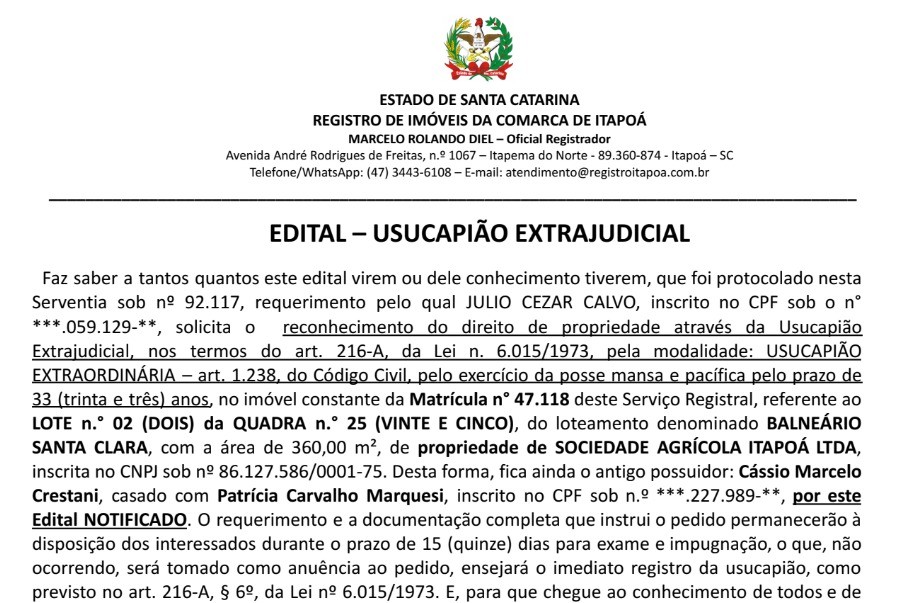 Edital de Julio Cezar Calvo 2 - 09-04-2025 - Capa Tribuna de Itapoa