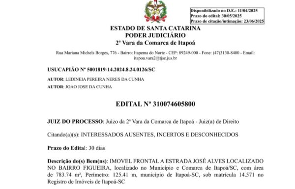 Edital de Ledineia Pereira Neres da Cunha - 23-04-2025 - Capa Tribuna de Itapoa