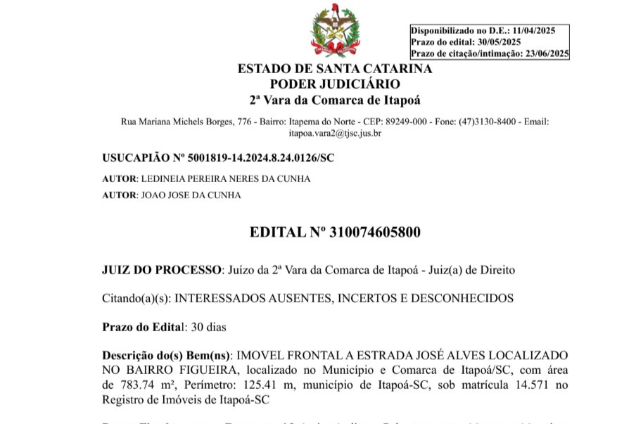 Edital de Ledineia Pereira Neres da Cunha - 23-04-2025 - Capa Tribuna de Itapoa