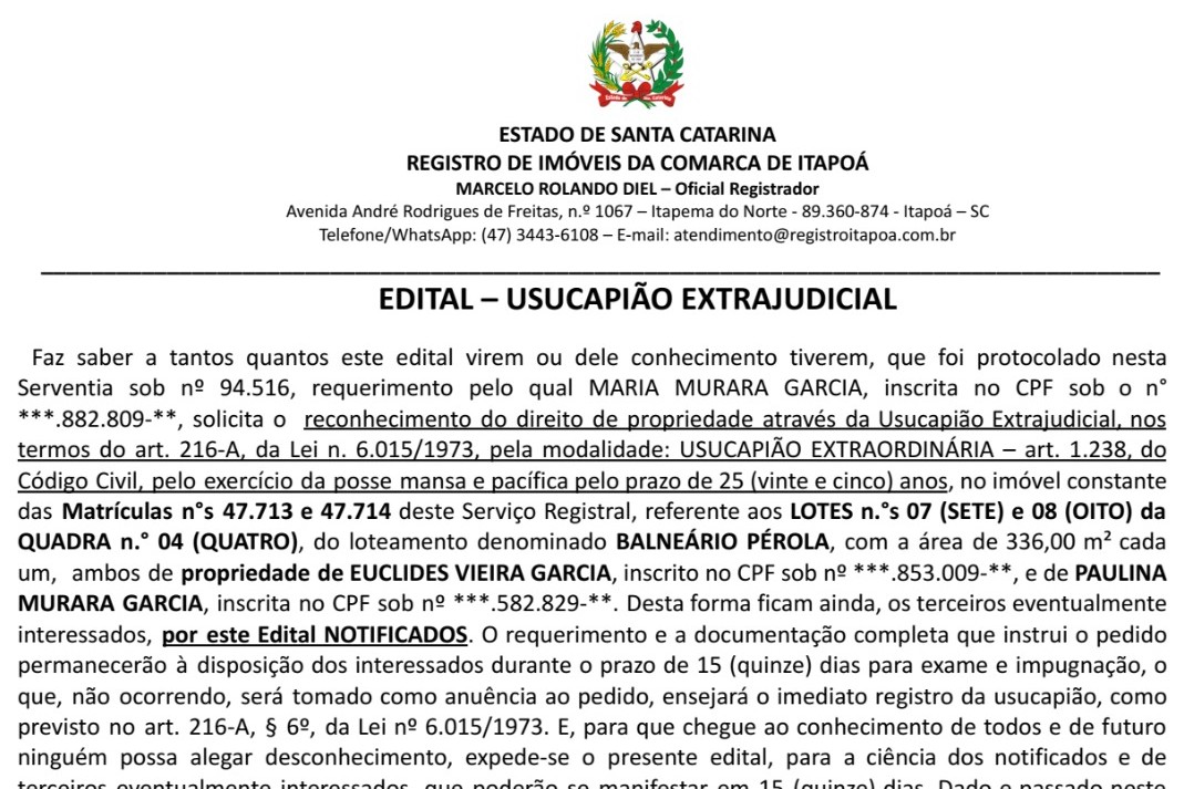 Edital de Maria Murara Garcia - 10-04-2025 - Capa Tribuna de Itapoá