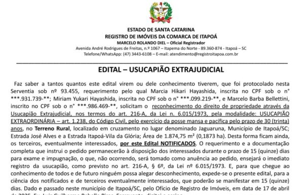 Edital de Miriam Yukari Hayashida - Capa Tribuna de Itapoa