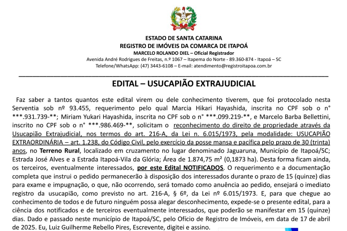 Edital de Miriam Yukari Hayashida - Capa Tribuna de Itapoa