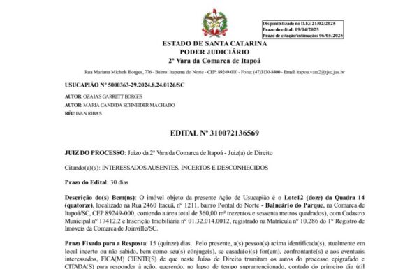 Edital de Ozaias Garrett Borges - 05-04-2025 - Capa Tribuna de Itapoa