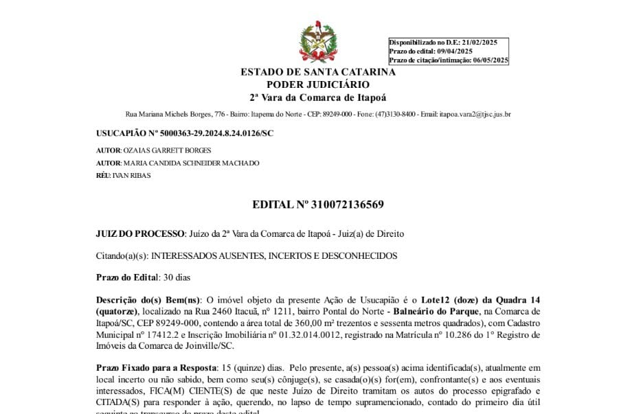 Edital de Ozaias Garrett Borges - 05-04-2025 - Capa Tribuna de Itapoa