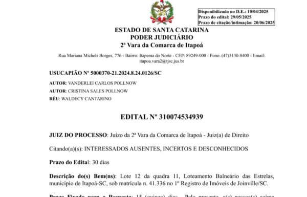 Edital de Vanderlei Carlos Pollnow - 24-04-2025 - Capa Tribuna de Itapoa