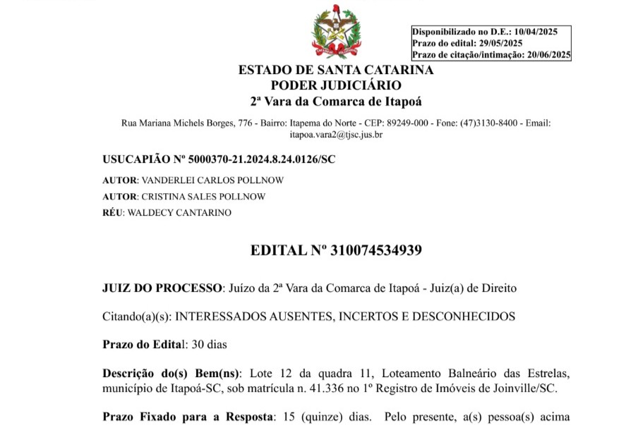 Edital de Vanderlei Carlos Pollnow - 24-04-2025 - Capa Tribuna de Itapoa