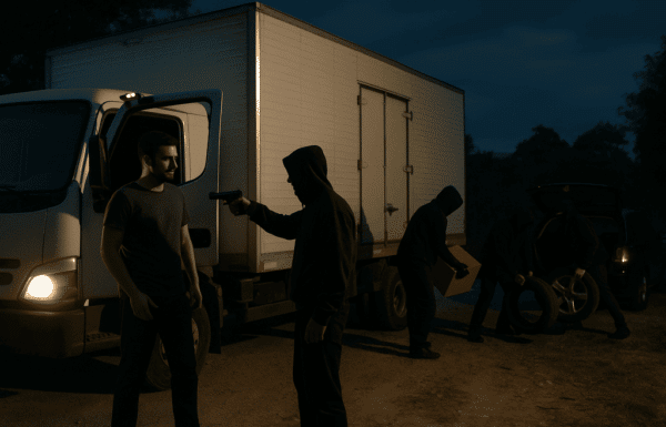 Criminosos rendem caminhoneiro em Garuva e roubam carga apos levá-la ate Joinville - IMAGEM gerada por IA - Capa Tribuna de Itapoa