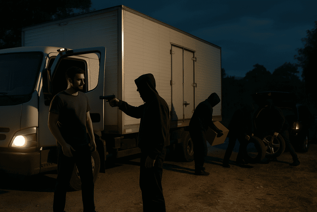 Criminosos rendem caminhoneiro em Garuva e roubam carga apos levá-la ate Joinville - IMAGEM gerada por IA - Capa Tribuna de Itapoa