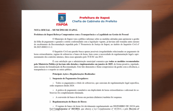 Prefeitura de Itapoa divulga nota sobre recomendacao do Ministerio Publico