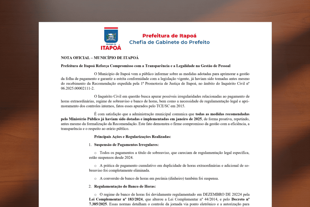 Prefeitura de Itapoa divulga nota sobre recomendacao do Ministerio Publico