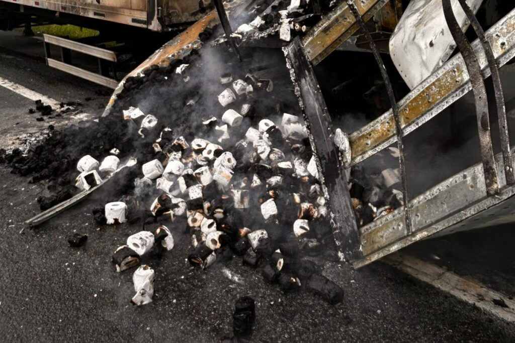 Incendio em carreta carregada com papel higienico mobiliza bombeiros na BR-376 - capa Tribuna de Itapoa