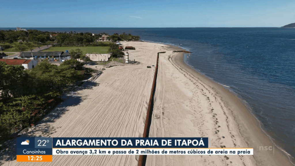Jornal do Almoco destaca avanco acelerado do alargamento da praia de Itapoa 05